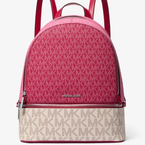 Michael Kors Rhea Medium Color-Block Signature Logo Backpack Dark Rasberry Multi - Picture 1 of 11